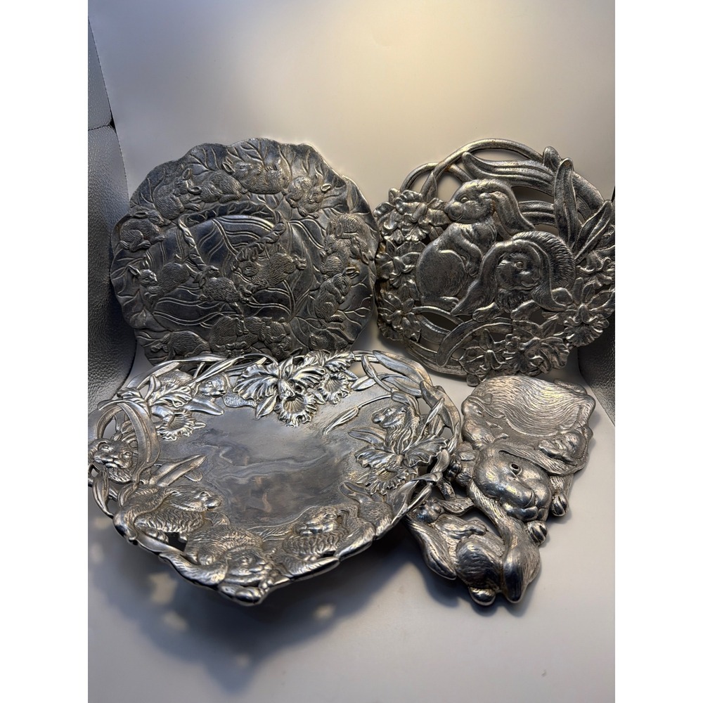 Arthur Court Bunny Rabbit Aluminum Serving Set Heart Tray Trivet 4 Piece Vintage